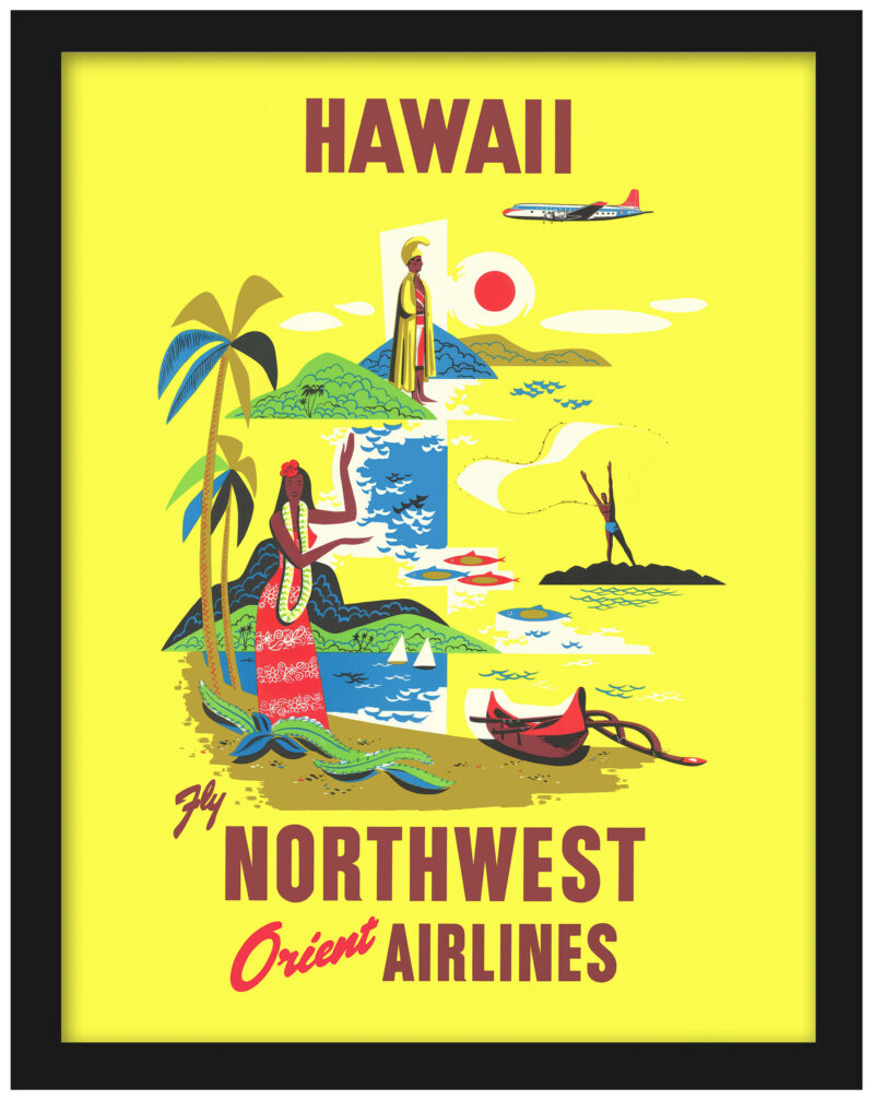 Hawaii travel poster reproduction with vibrant beach scene