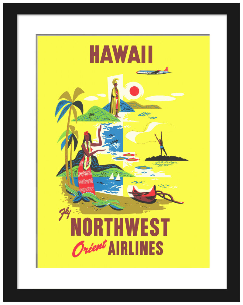 Hawaii travel poster reproduction with vibrant beach scene