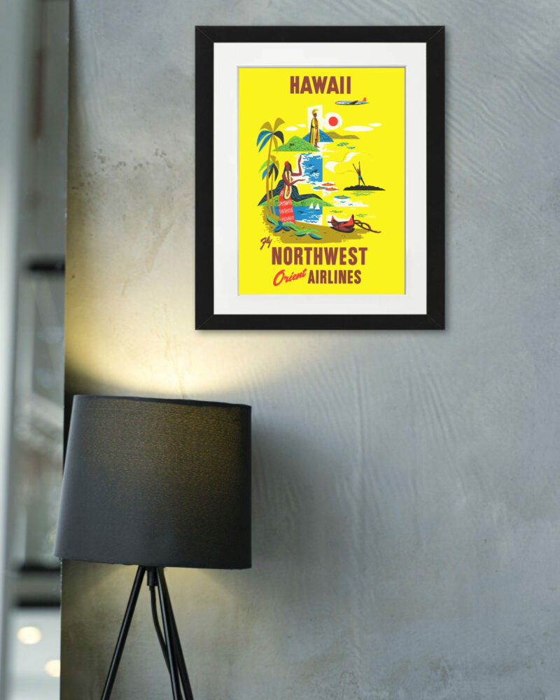Hawaii travel poster reproduction with vibrant beach scene