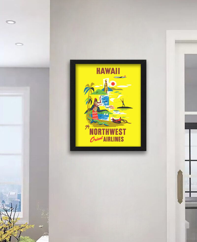 Hawaii travel poster reproduction with vibrant beach scene