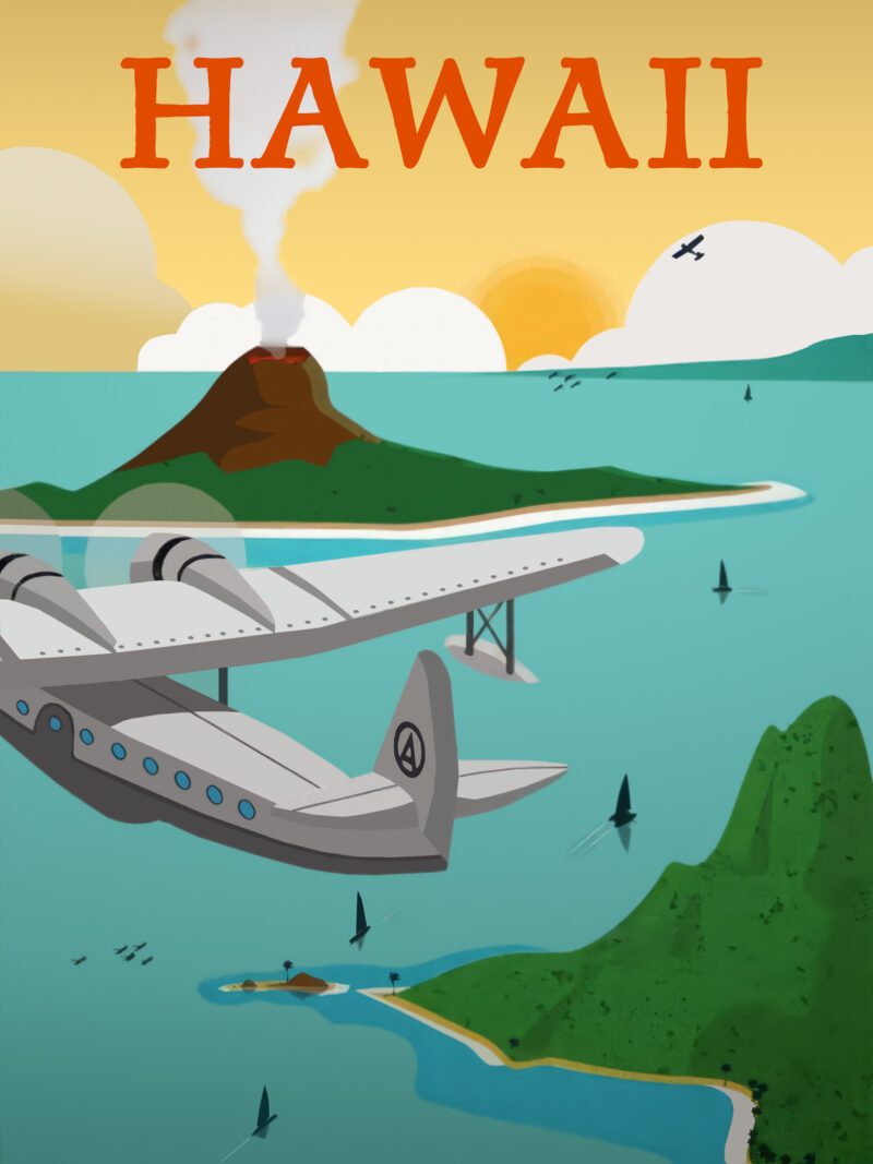 Vintage 1950s Hawaii Travel Poster with Airplane