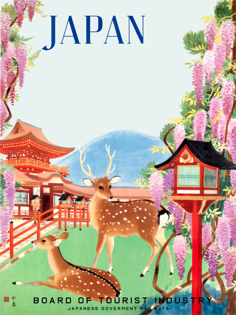 1930's Vintage Nara Temple Deer Japan Poster