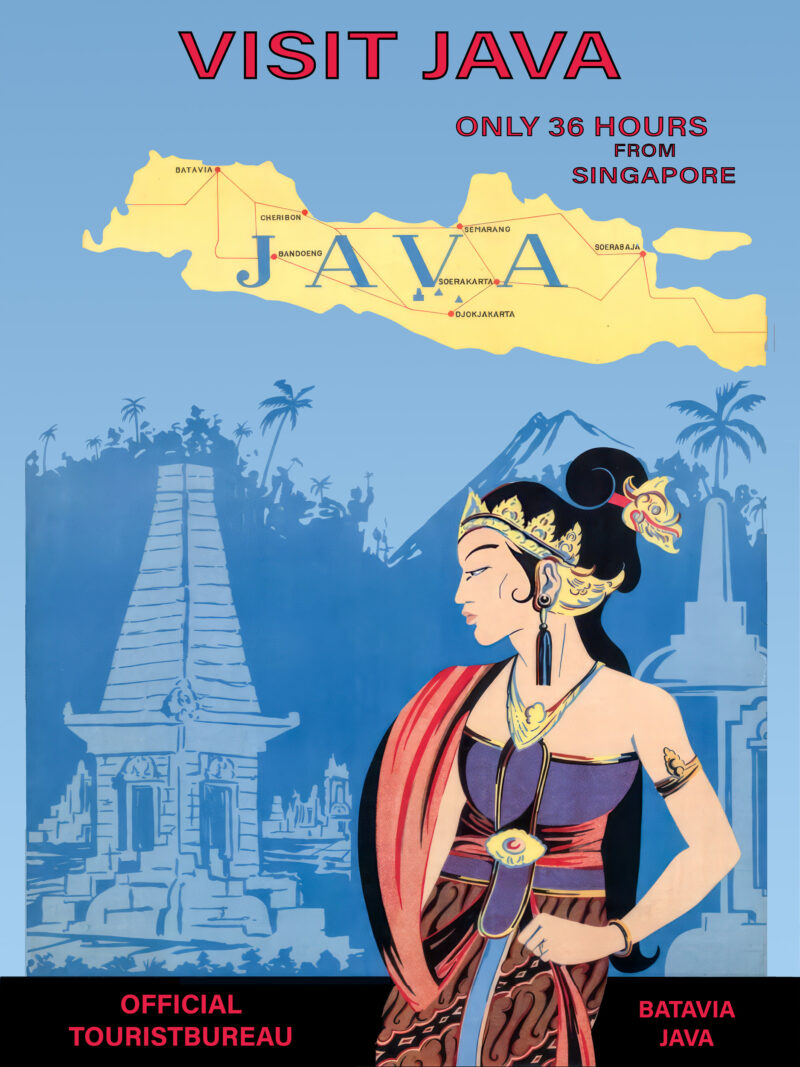 1930s Java tourism poster with traditional dancer and temple.