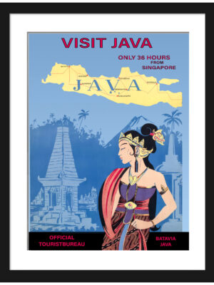 1930s Java tourism poster with traditional dancer and temple.