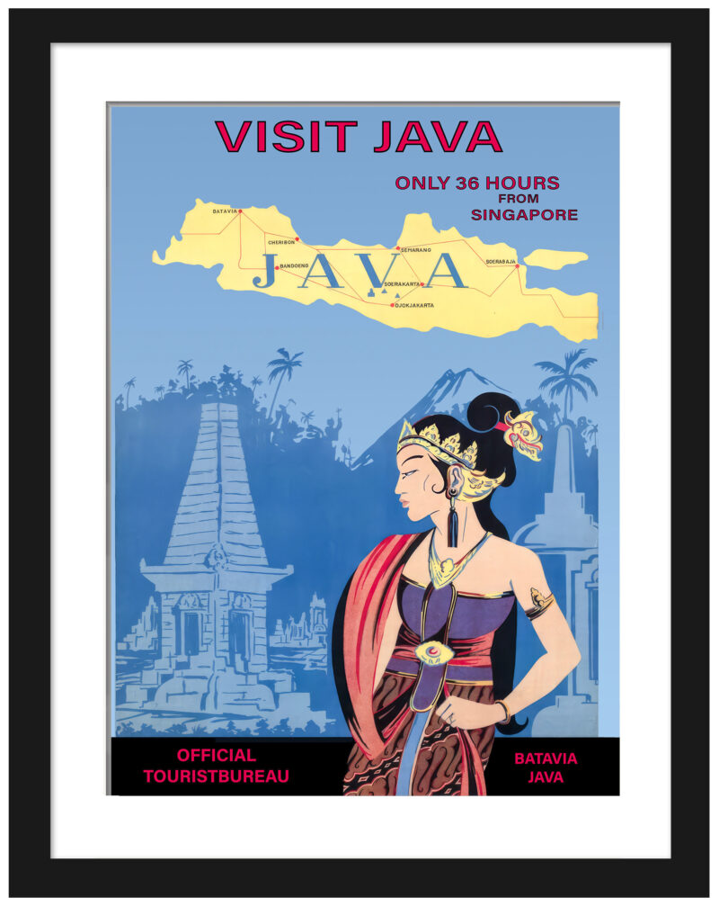 1930s Java tourism poster with traditional dancer and temple.