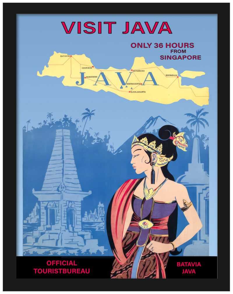 1930s Java tourism poster with traditional dancer and temple.