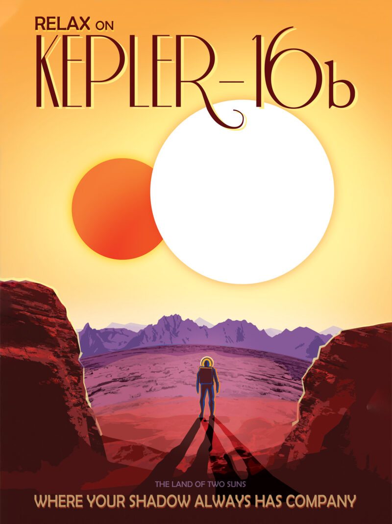 NASA's Kepler-16b travel poster featuring dual suns over a rocky landscape with a lone astronaut.