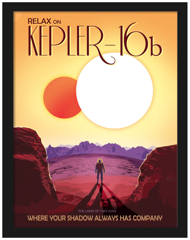 NASA's Kepler-16b travel poster featuring dual suns over a rocky landscape with a lone astronaut.