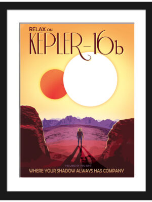NASA's Kepler-16b travel poster featuring dual suns over a rocky landscape with a lone astronaut.