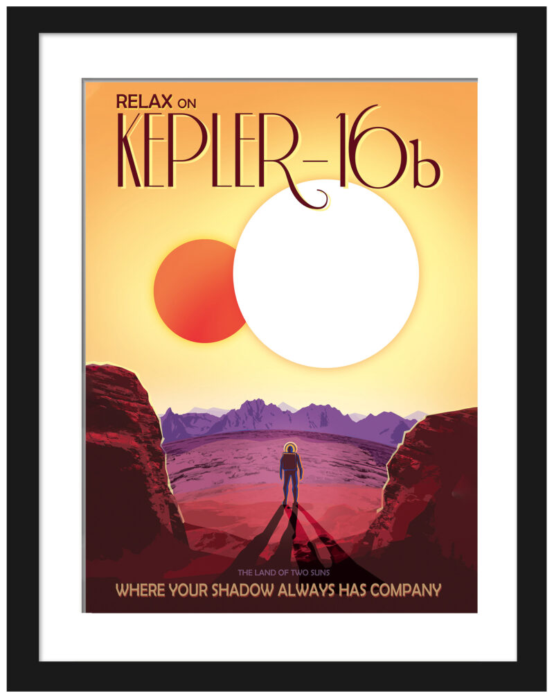 NASA's Kepler-16b travel poster featuring dual suns over a rocky landscape with a lone astronaut.
