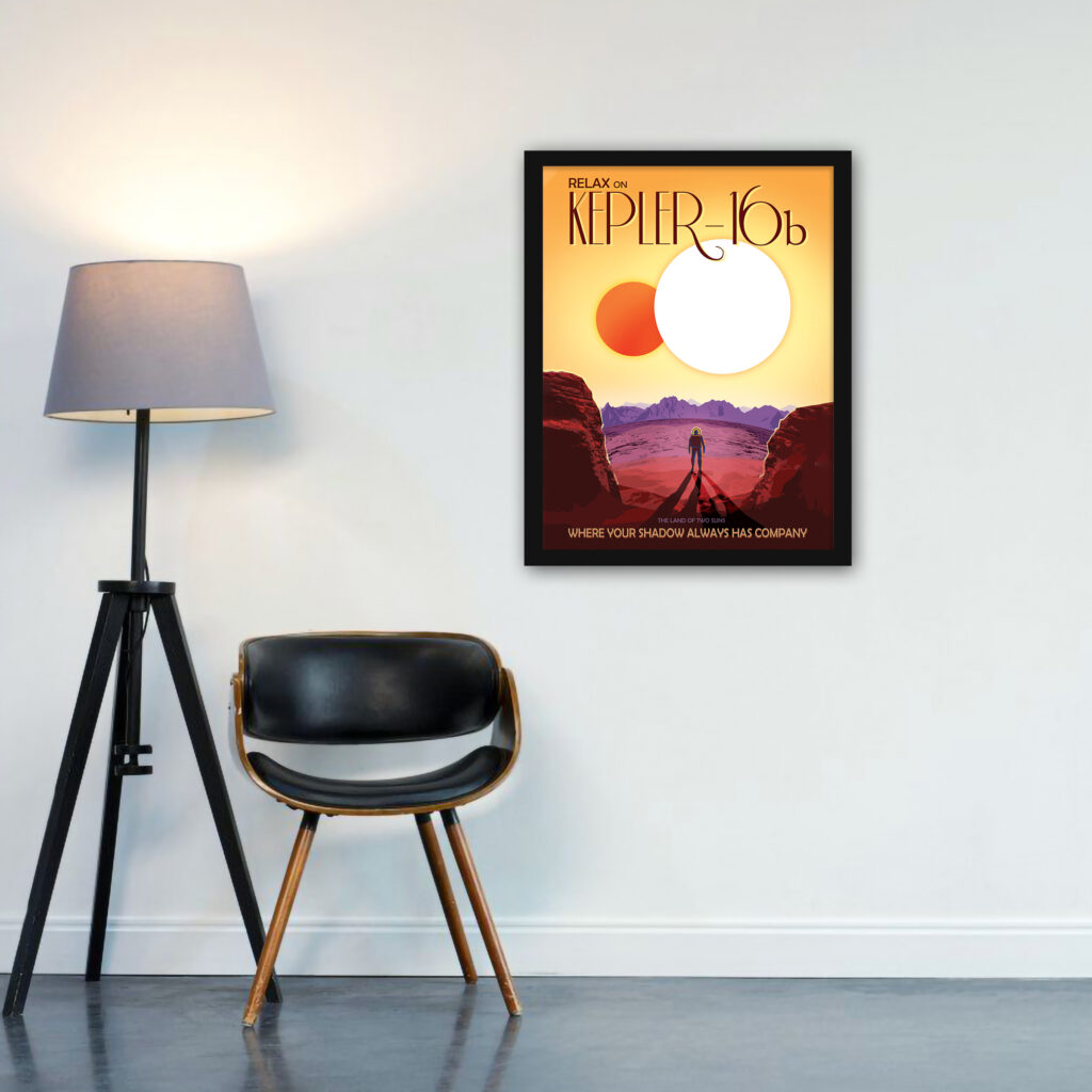 NASA's Kepler-16b travel poster featuring dual suns over a rocky landscape with a lone astronaut.