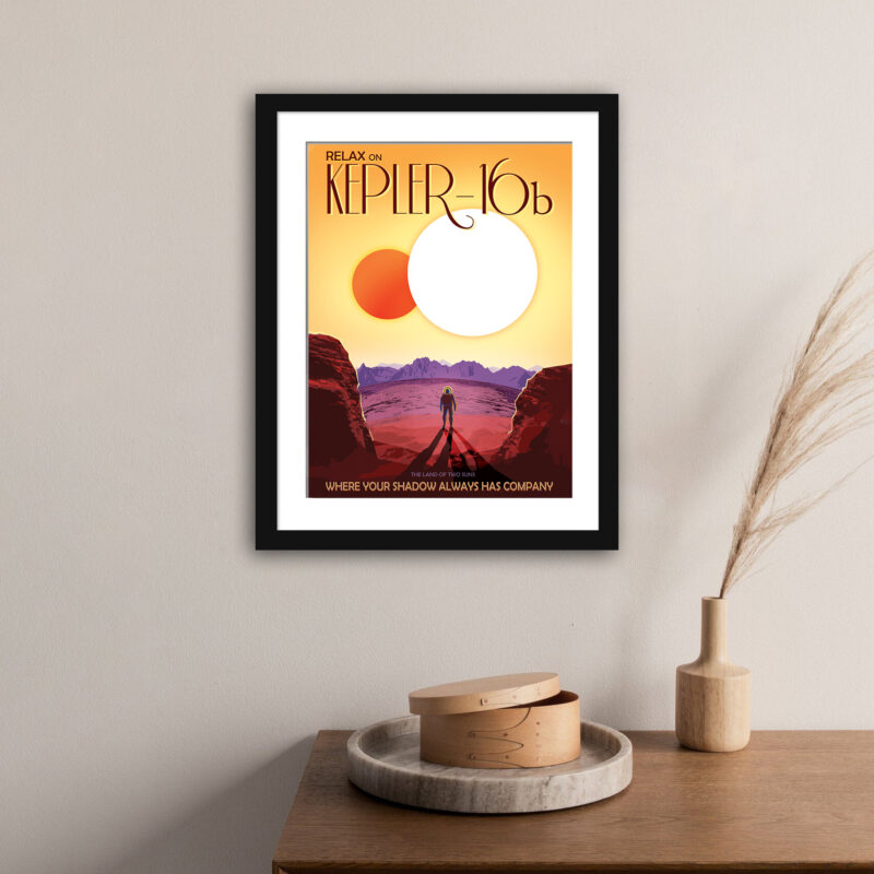 NASA's Kepler-16b travel poster featuring dual suns over a rocky landscape with a lone astronaut.