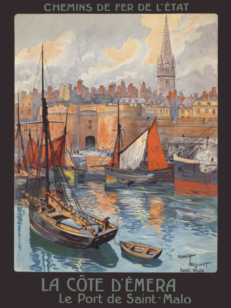Saint-Malo travel poster by Maurice Toussaint, featuring historic ramparts and sailboats.