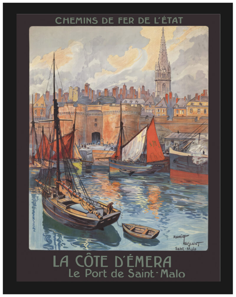 Saint-Malo travel poster by Maurice Toussaint, featuring historic ramparts and sailboats.