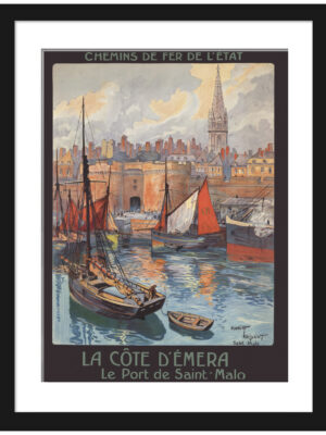 Saint-Malo travel poster by Maurice Toussaint, featuring historic ramparts and sailboats.