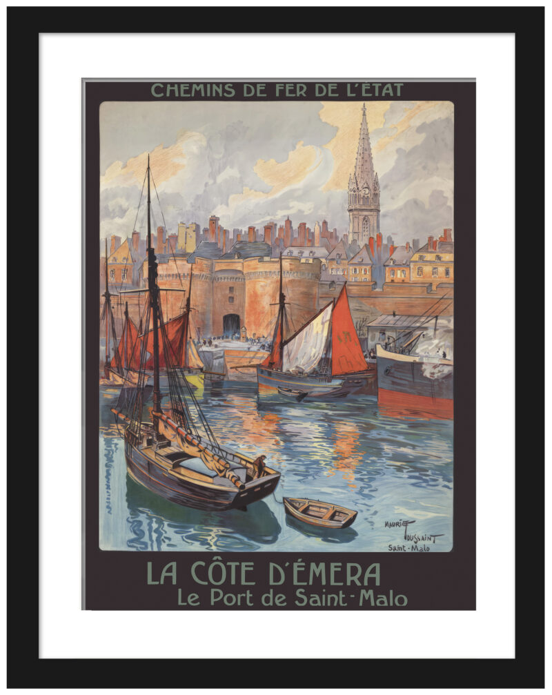 Saint-Malo travel poster by Maurice Toussaint, featuring historic ramparts and sailboats.