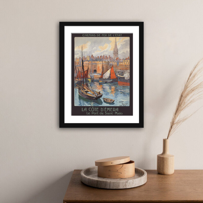 Saint-Malo travel poster by Maurice Toussaint, featuring historic ramparts and sailboats.