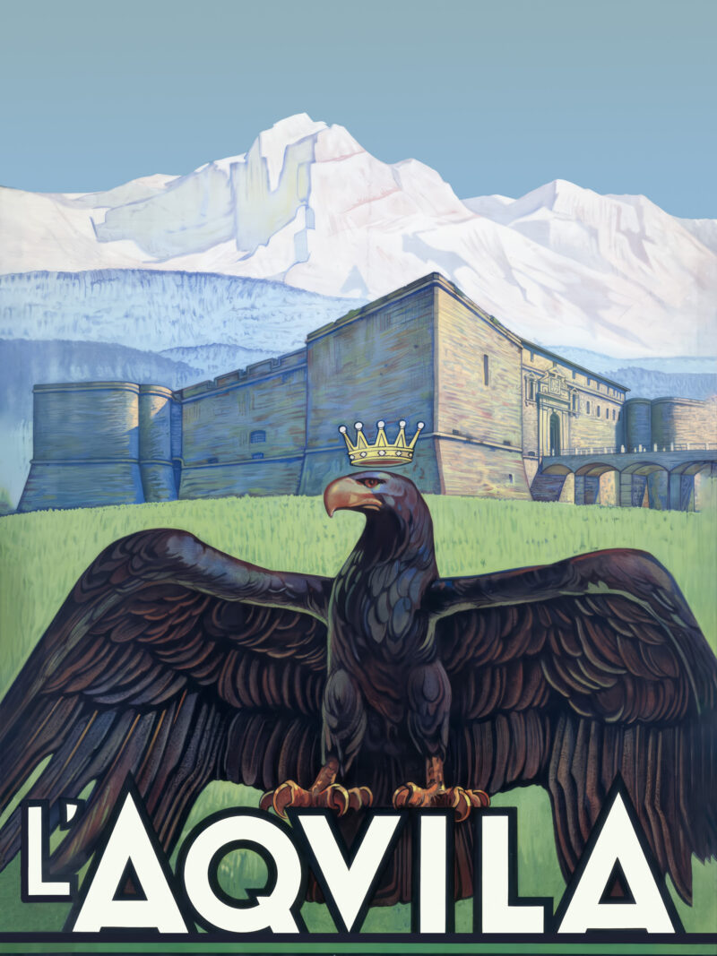 1920s vintage travel poster of L'Aquila, Abruzzo.