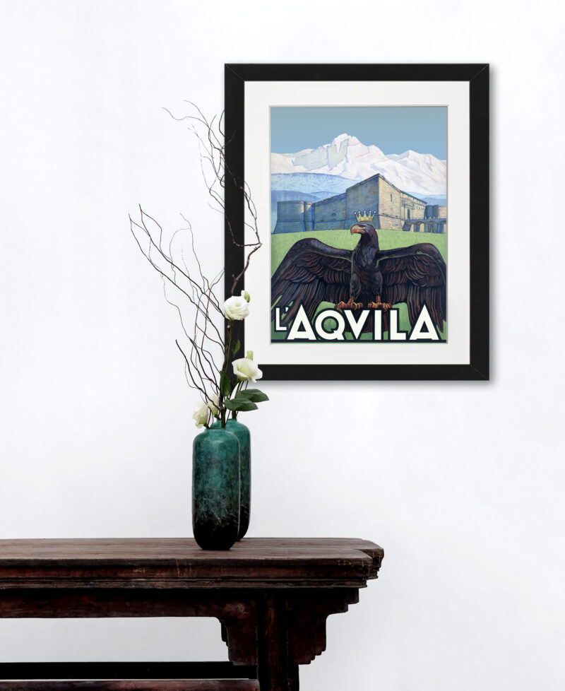 1920s vintage travel poster of L'Aquila, Abruzzo.
