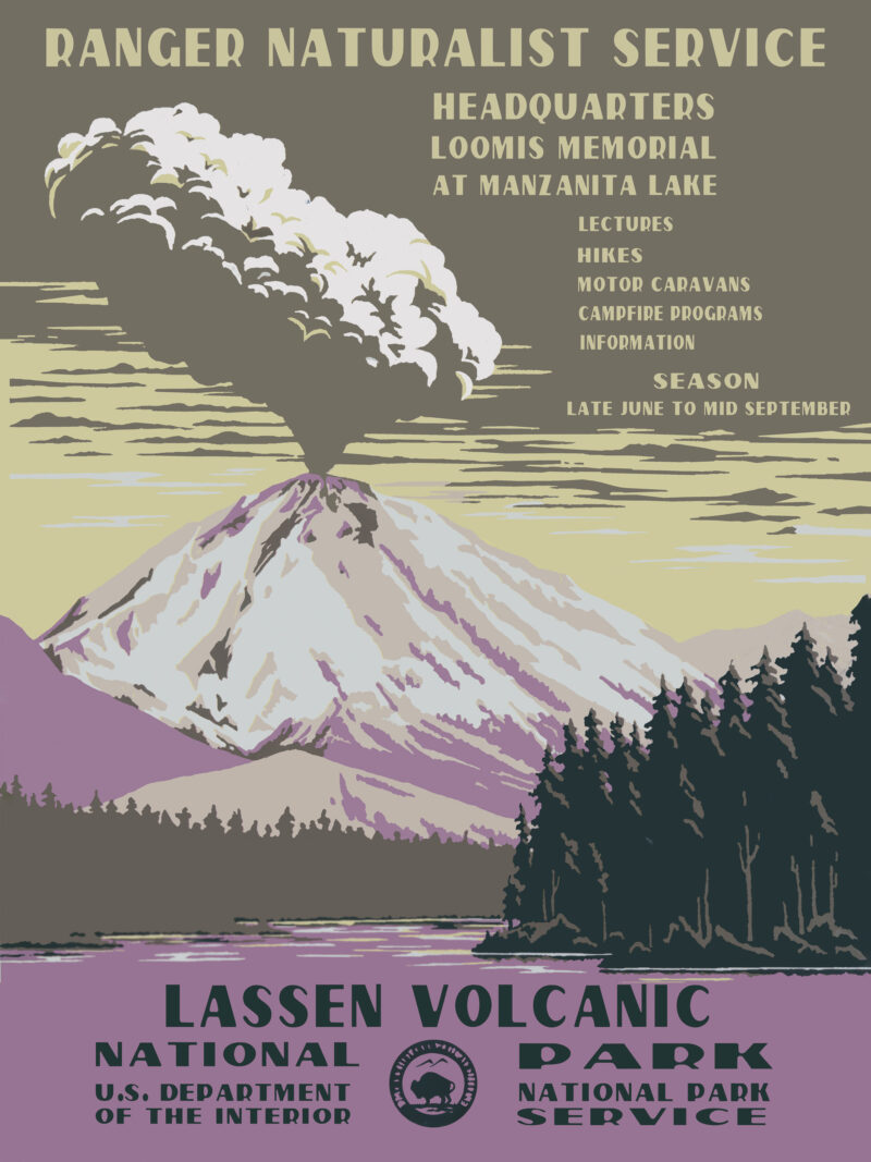 Lassen Volcanic National Park poster with a vibrant volcanic eruption illustration.