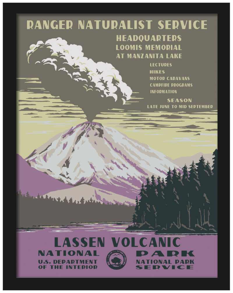 Lassen Volcanic National Park poster with a vibrant volcanic eruption illustration.