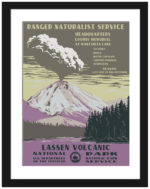 Lassen Volcanic National Park poster with a vibrant volcanic eruption illustration.