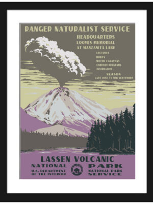 Lassen Volcanic National Park poster with a vibrant volcanic eruption illustration.
