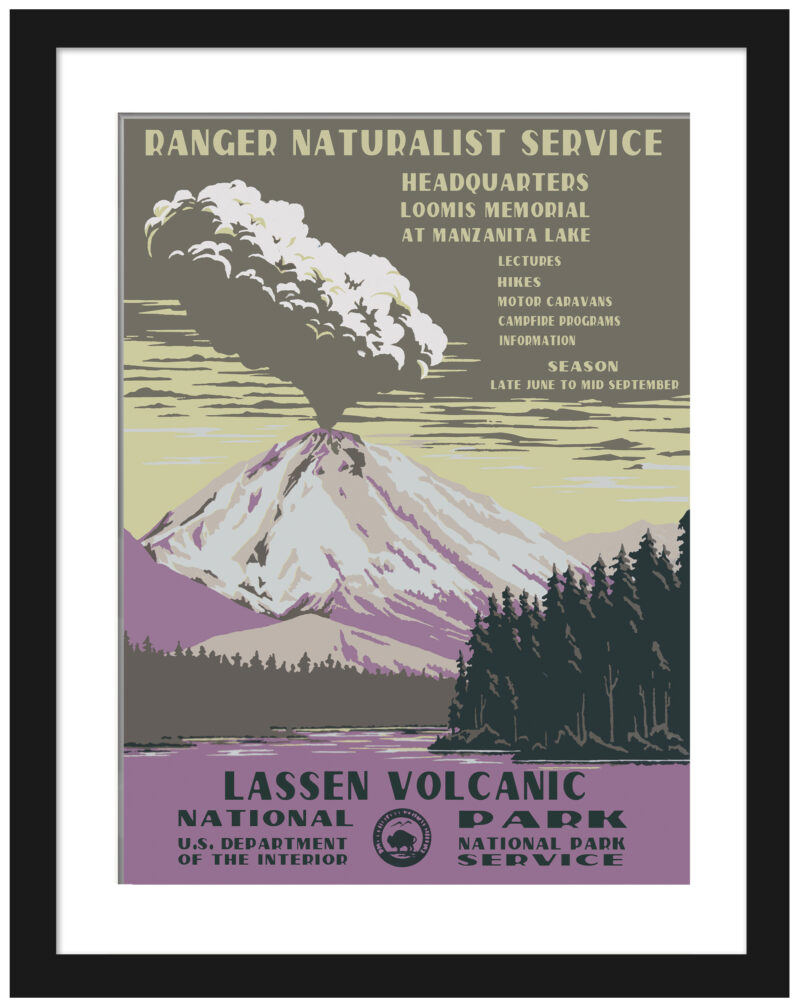 Lassen Volcanic National Park poster with a vibrant volcanic eruption illustration.