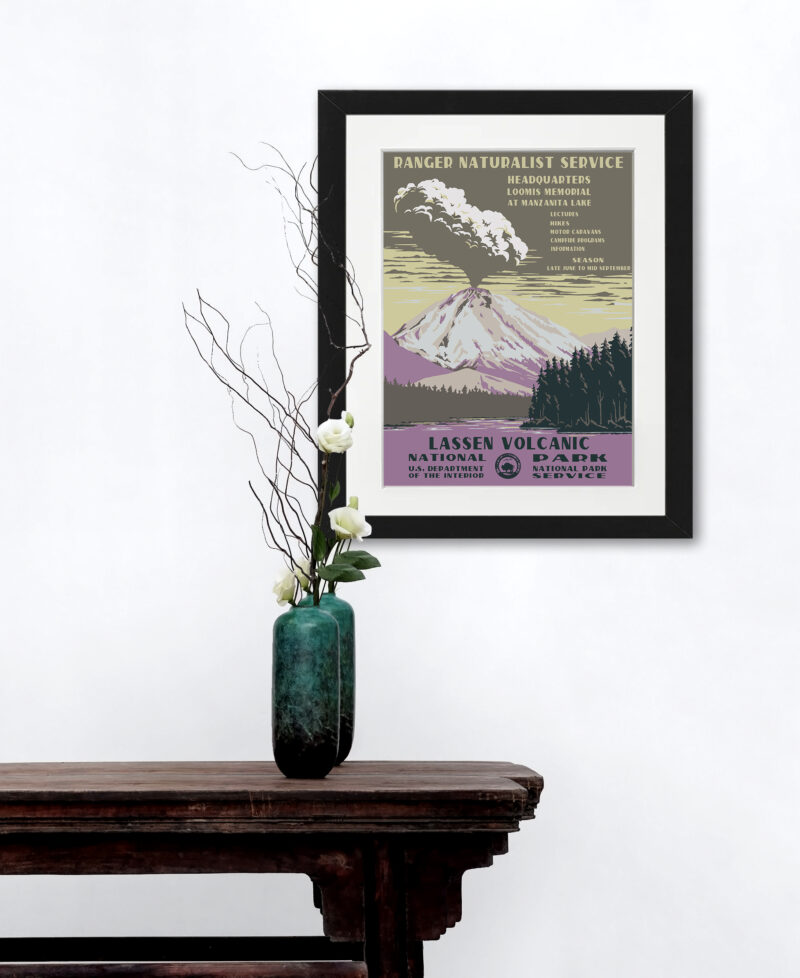Lassen Volcanic National Park poster with a vibrant volcanic eruption illustration.