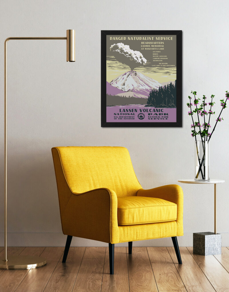 Lassen Volcanic National Park poster with a vibrant volcanic eruption illustration.