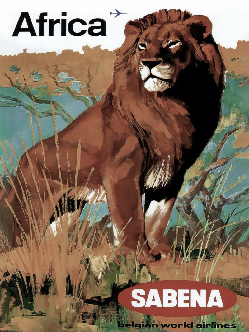 1968 Sabena Airlines vintage poster featuring a majestic lion