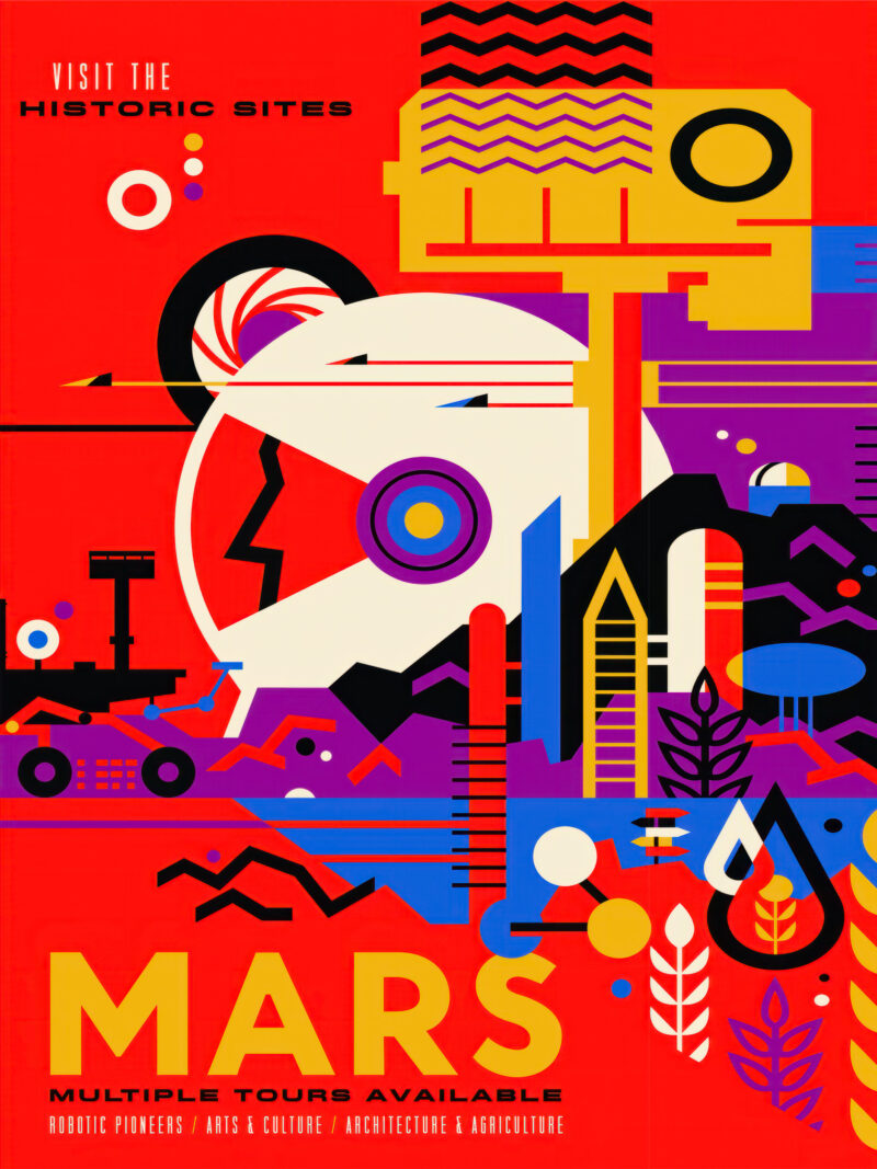 Artistic Mars travel poster with a vintage style, highlighting human exploration.