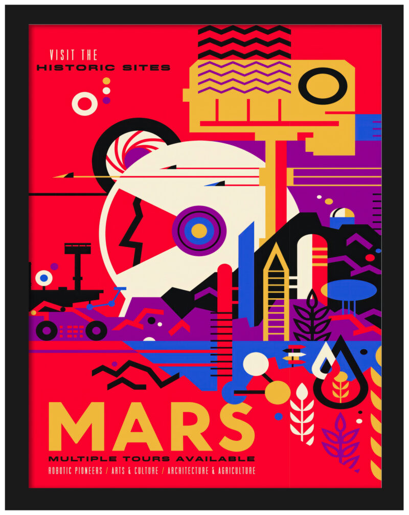 Artistic Mars travel poster with a vintage style, highlighting human exploration.