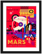 Artistic Mars travel poster with a vintage style, highlighting human exploration.