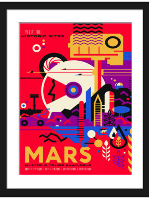 Artistic Mars travel poster with a vintage style, highlighting human exploration.