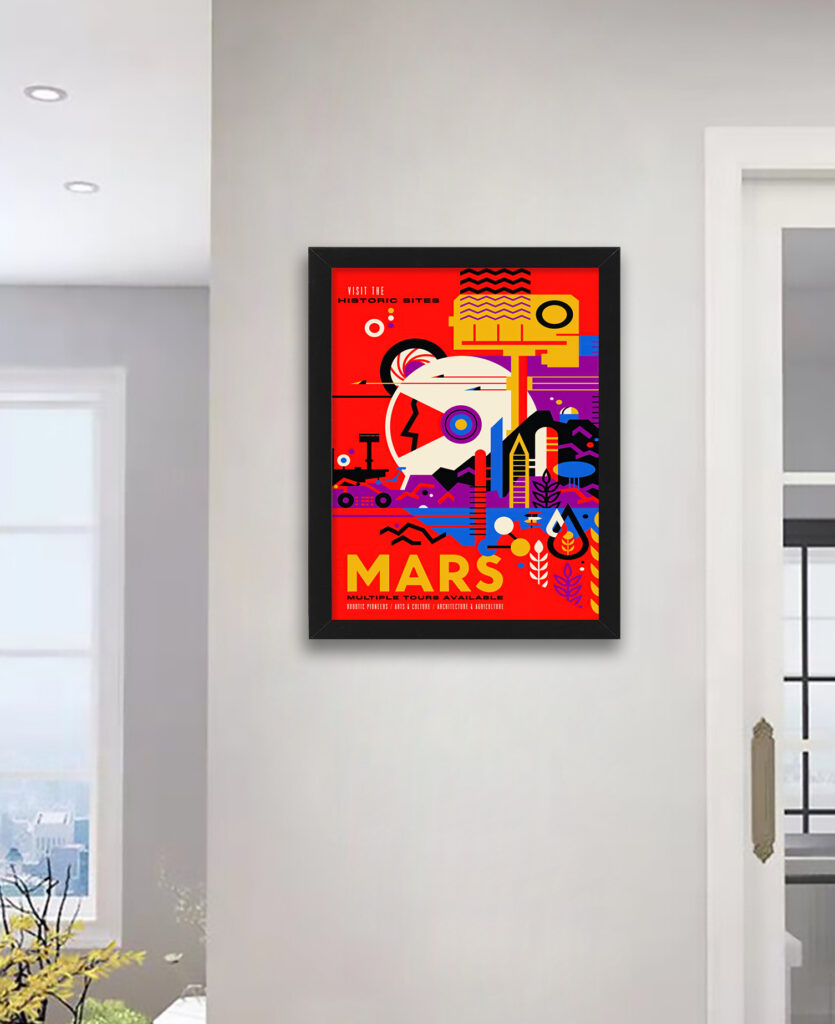 Artistic Mars travel poster with a vintage style, highlighting human exploration.