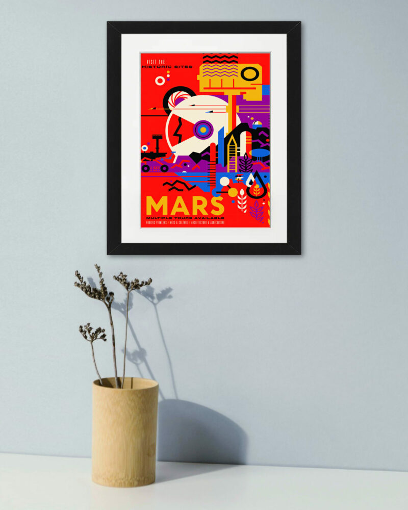 Artistic Mars travel poster with a vintage style, highlighting human exploration.