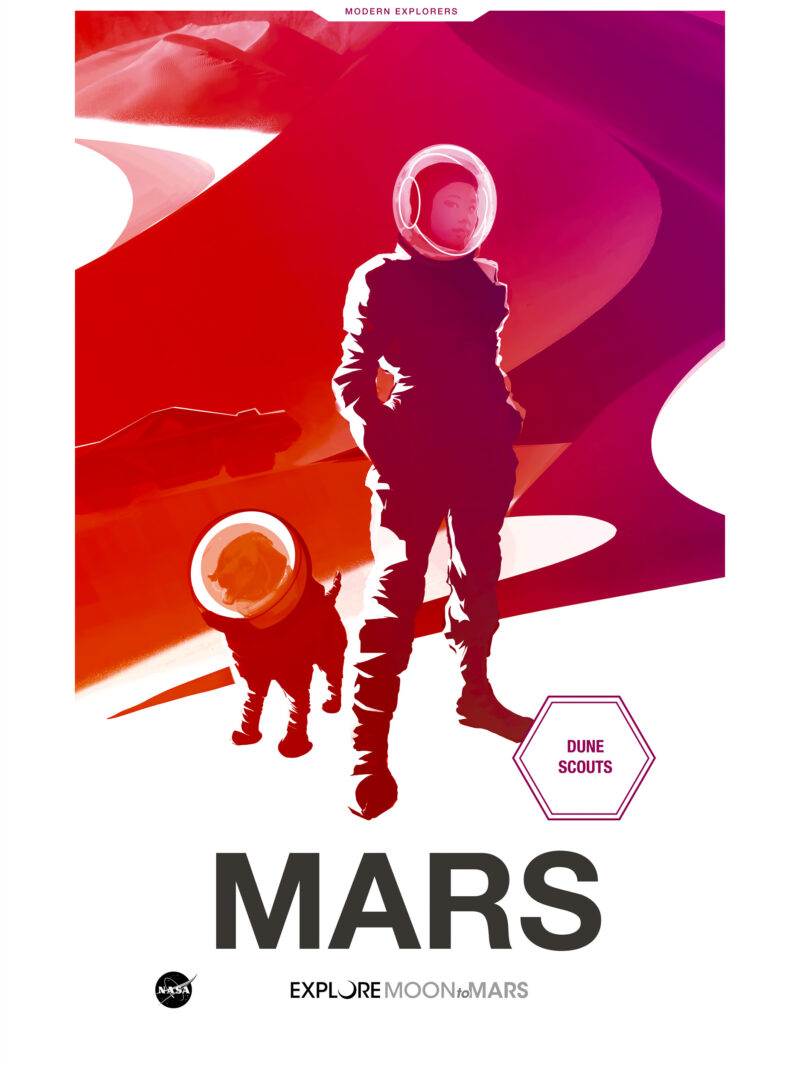 NASA Gateway 'Dune Scouts - Mars' poster with astronaut and dog exploring Martian landscape