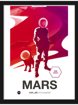 NASA Gateway 'Dune Scouts - Mars' poster with astronaut and dog exploring Martian landscape