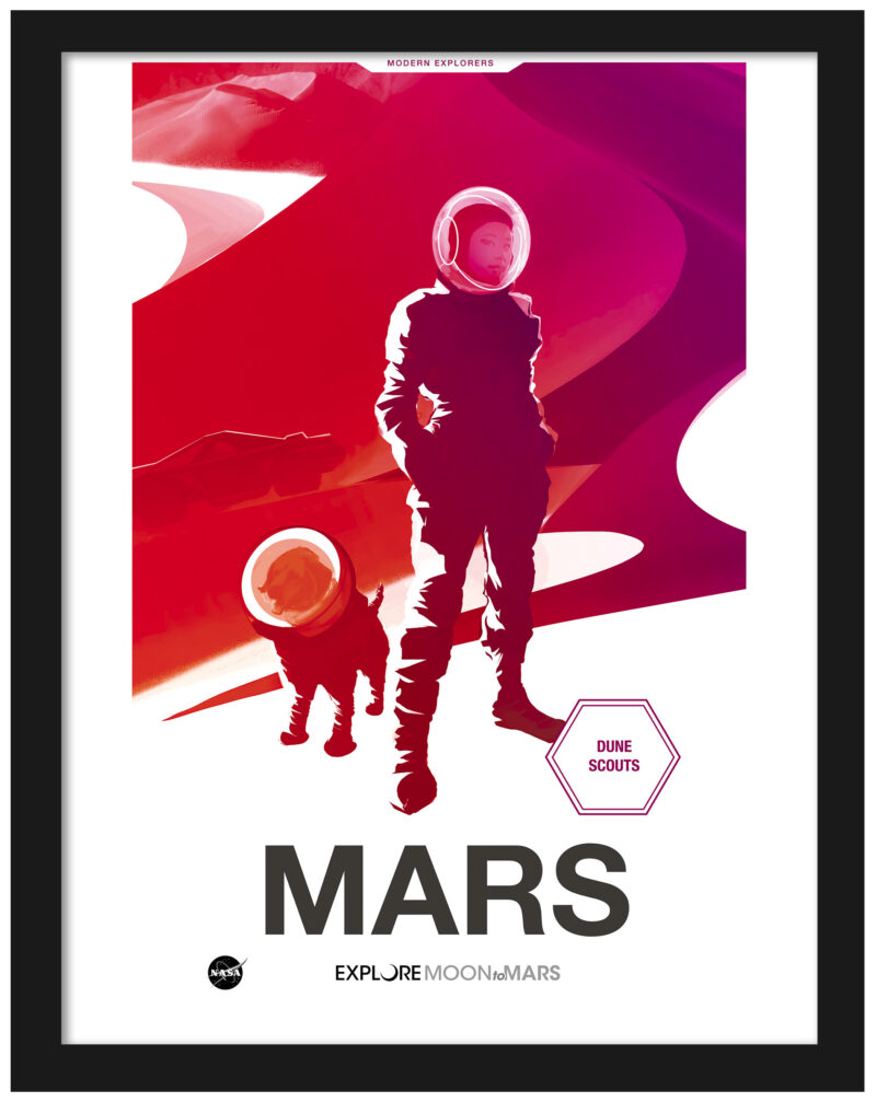 NASA Gateway 'Dune Scouts - Mars' poster with astronaut and dog exploring Martian landscape