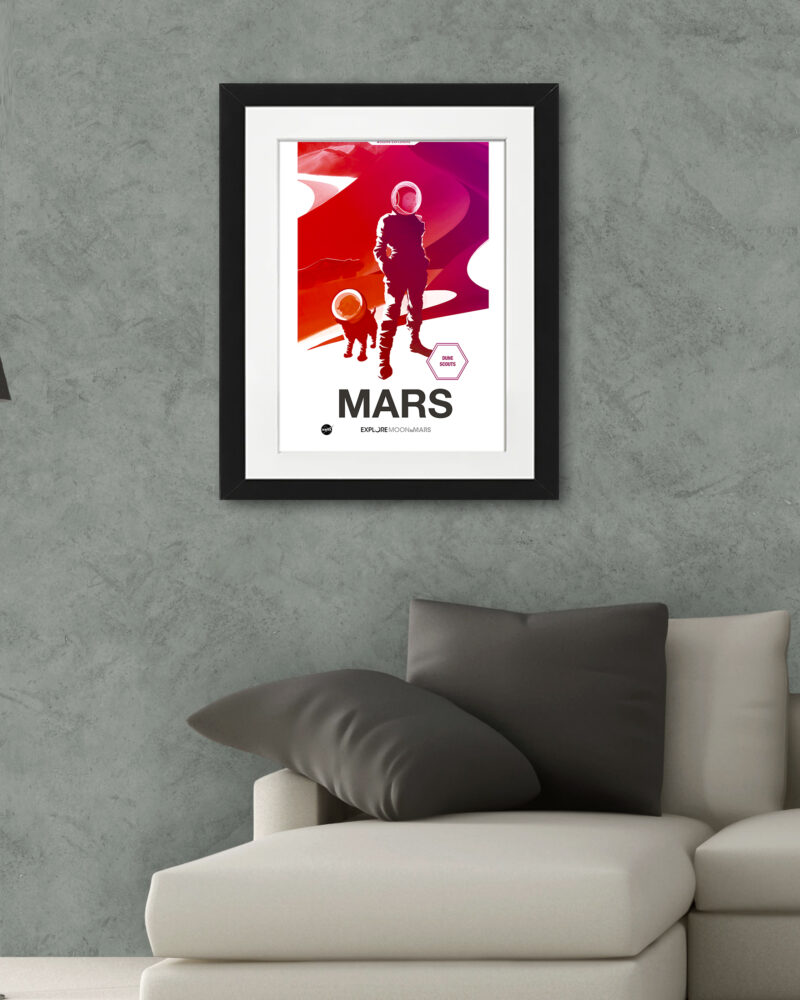 NASA Gateway 'Dune Scouts - Mars' poster with astronaut and dog exploring Martian landscape
