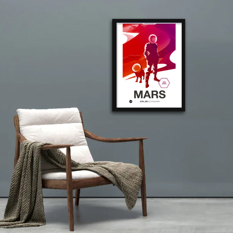 NASA Gateway 'Dune Scouts - Mars' poster with astronaut and dog exploring Martian landscape