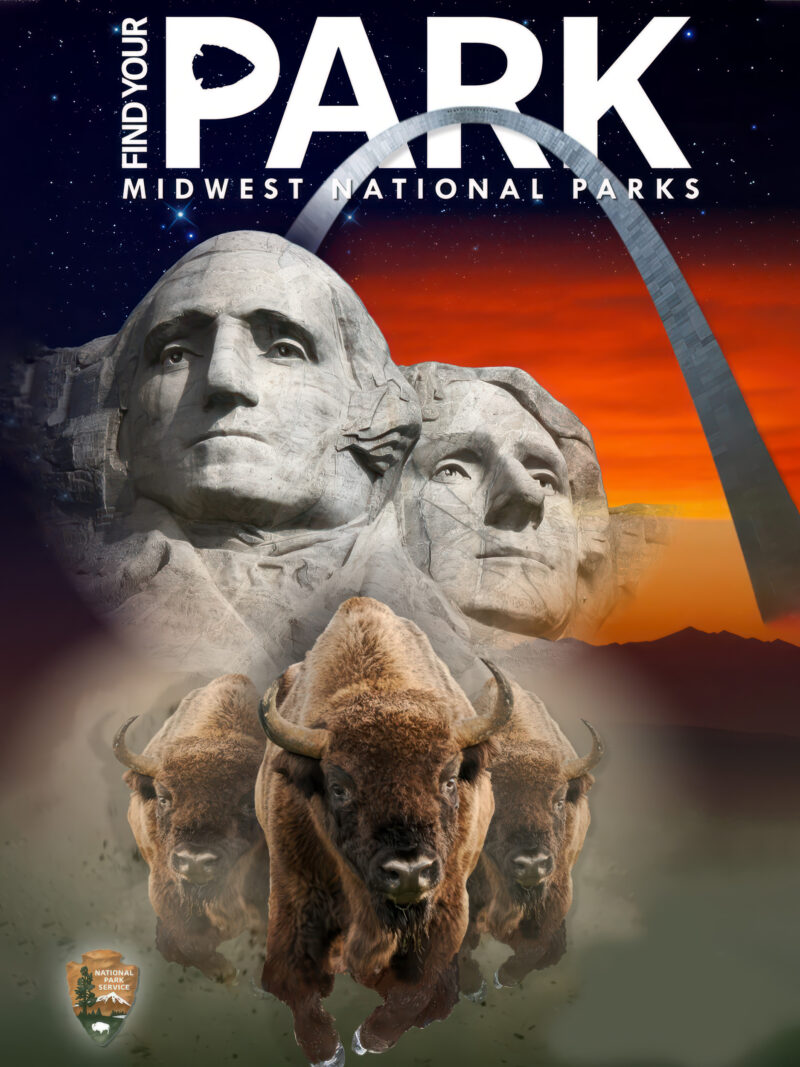 Illustrative centennial banner of Midwest National Parks featuring iconic landmarks.