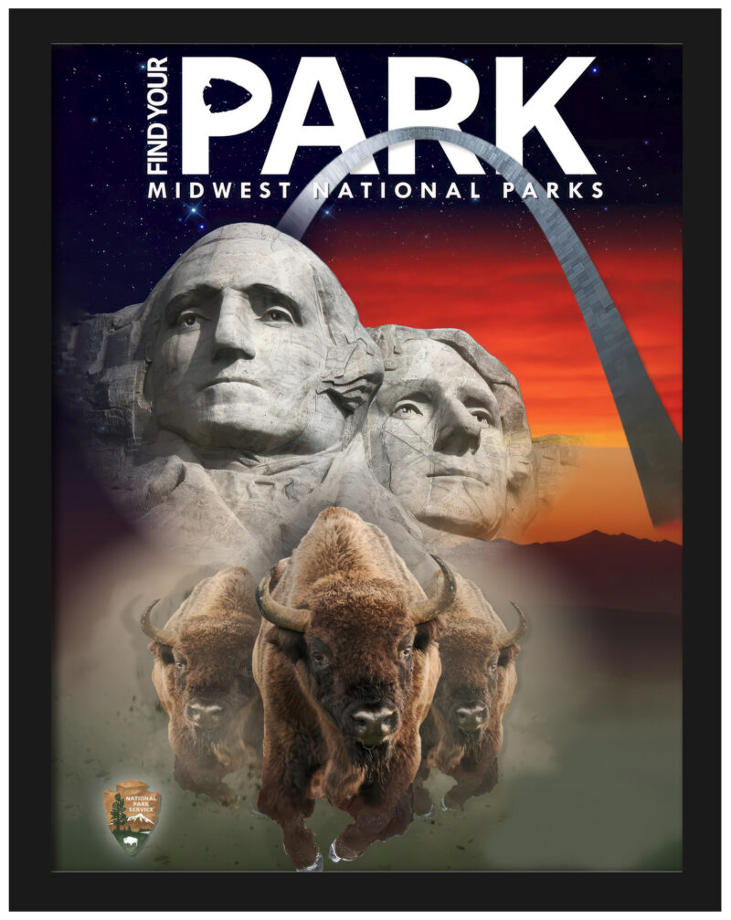 Illustrative centennial banner of Midwest National Parks featuring iconic landmarks.