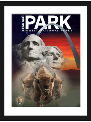 Illustrative centennial banner of Midwest National Parks featuring iconic landmarks.