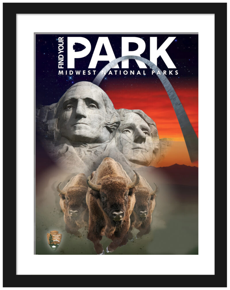 Illustrative centennial banner of Midwest National Parks featuring iconic landmarks.