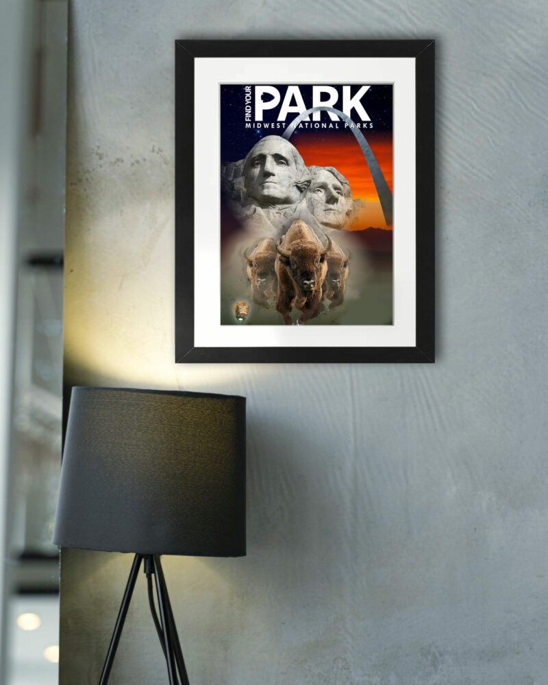 Illustrative centennial banner of Midwest National Parks featuring iconic landmarks.