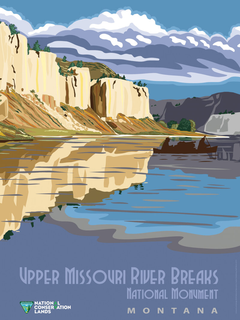 Vintage Upper Missouri River Breaks National Monument poster with warm earth tones reflecting Montana's natural beauty