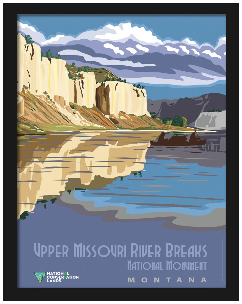 Vintage Upper Missouri River Breaks National Monument poster with warm earth tones reflecting Montana's natural beauty