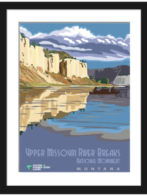 Vintage Upper Missouri River Breaks National Monument poster with warm earth tones reflecting Montana's natural beauty